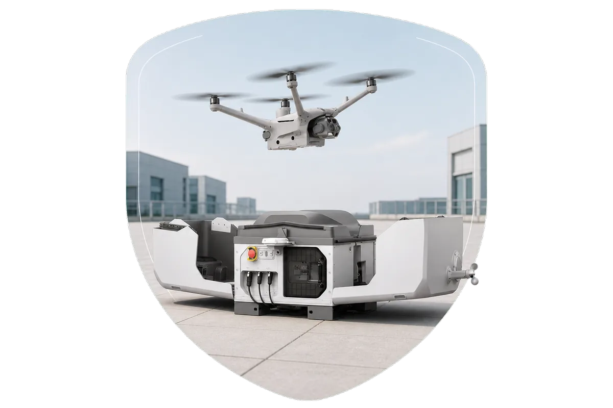 Matrice 4TD flying above an open DJI Dock 3