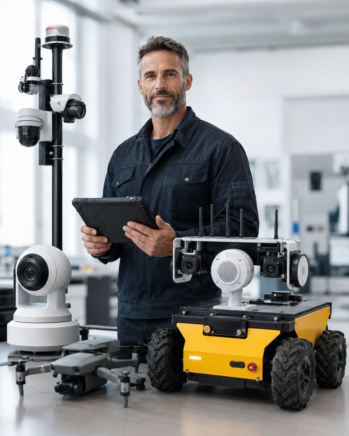 Service-Techniker mit Kamera-, Drohnen- und Robotiksystemen
