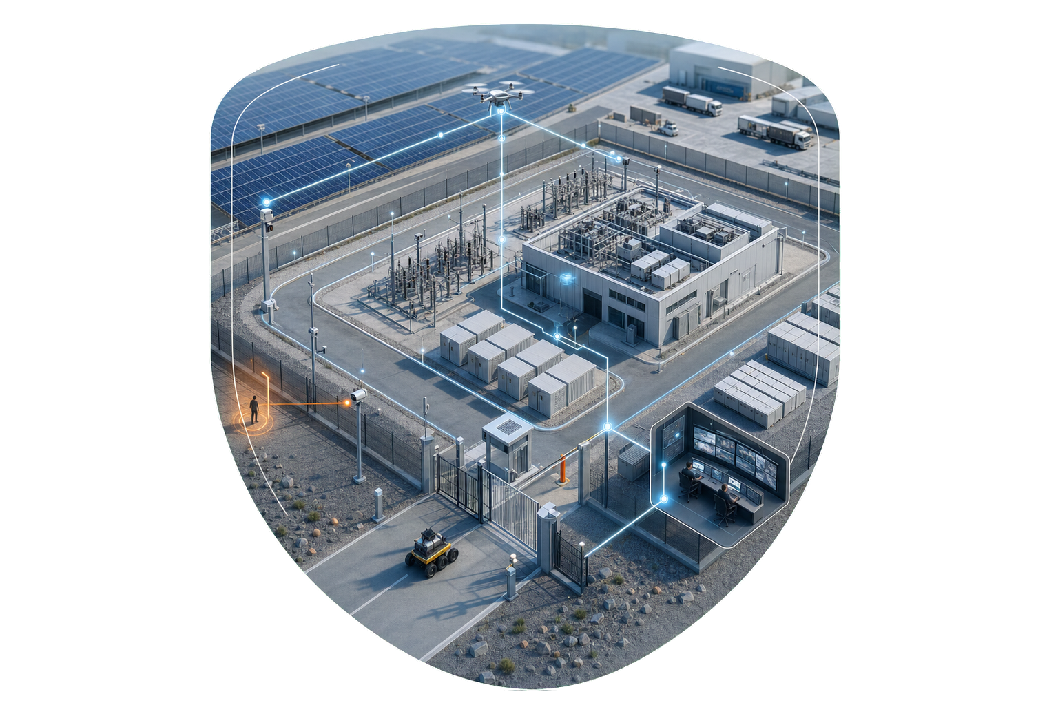 Integrated ASG protection chain with perimeter security, video surveillance, drone, robot and control room