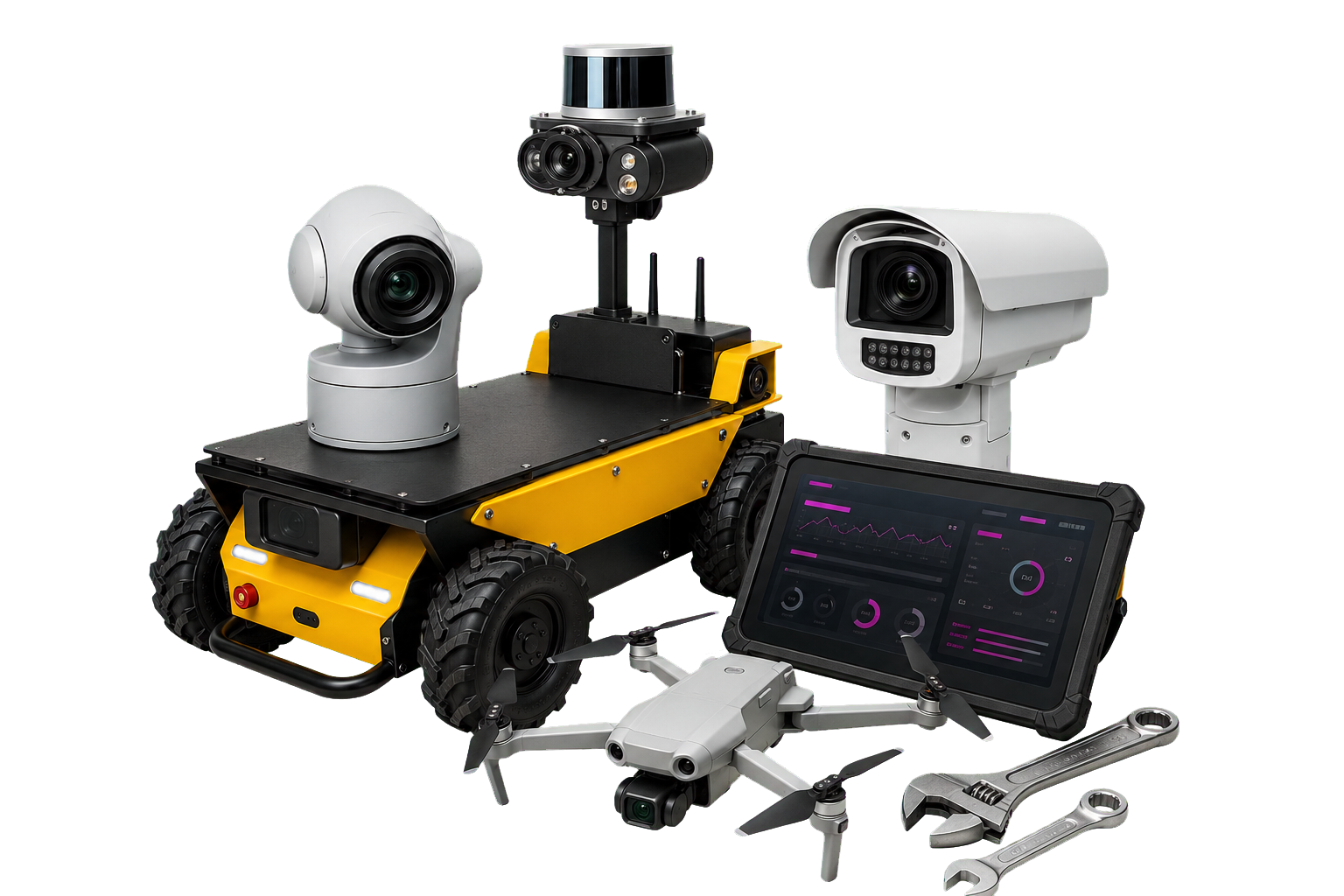 Freigestellte Service- und Sicherheitstechnik mit Kameras, Drohne, Robotik und Werkzeug