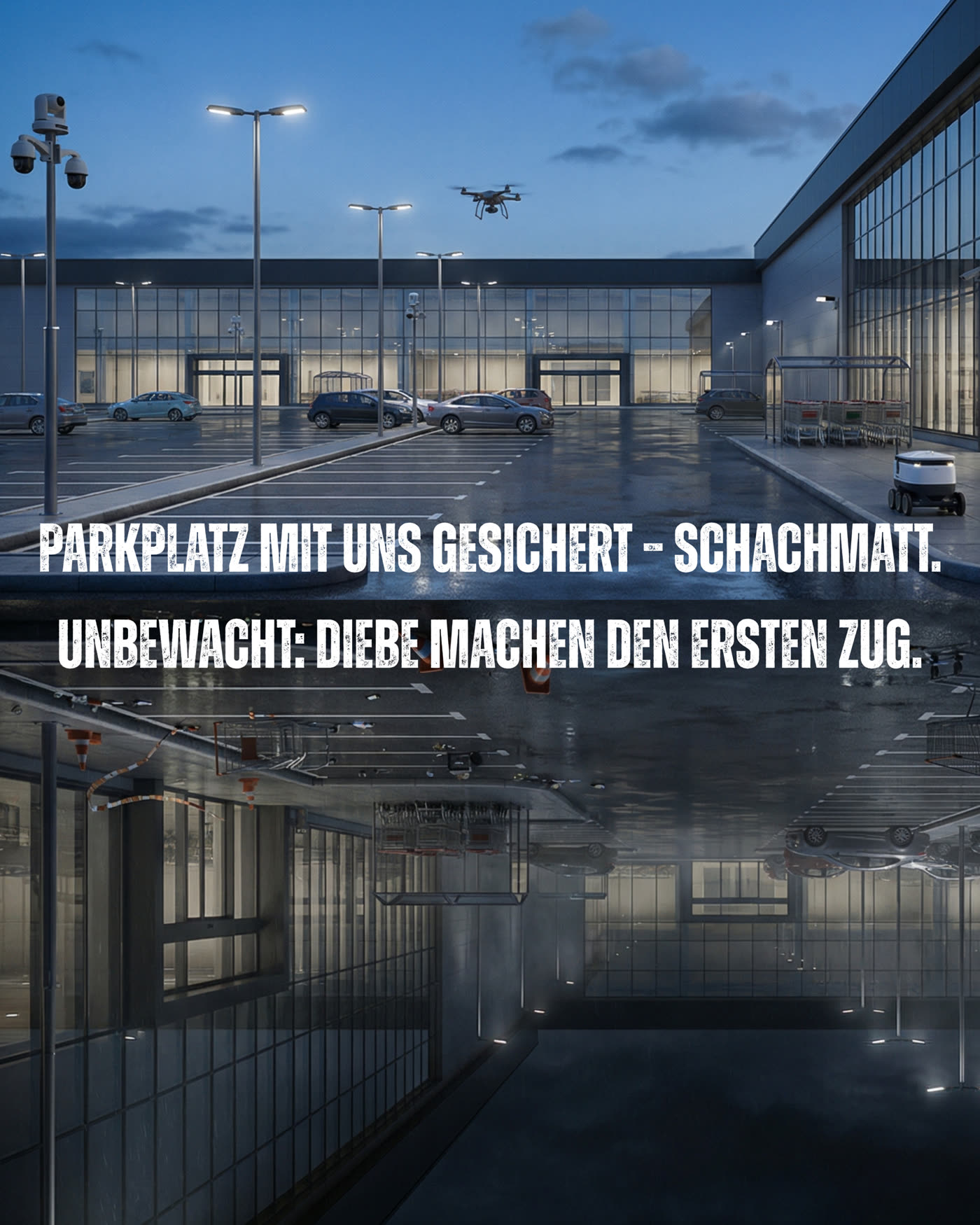 Kampagnenbild Parkplatzsicherung: Parkplatz mit uns gesichert – Schachmatt. Unbewacht: Diebe machen den ersten Zug.