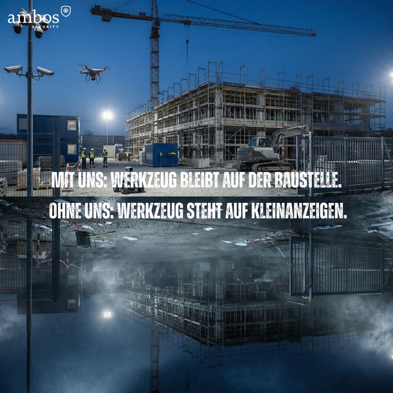 Kampagnenbild Baustellensicherung: Mit uns bleibt Werkzeug auf der Baustelle. Ohne uns steht Werkzeug auf Kleinanzeigen.