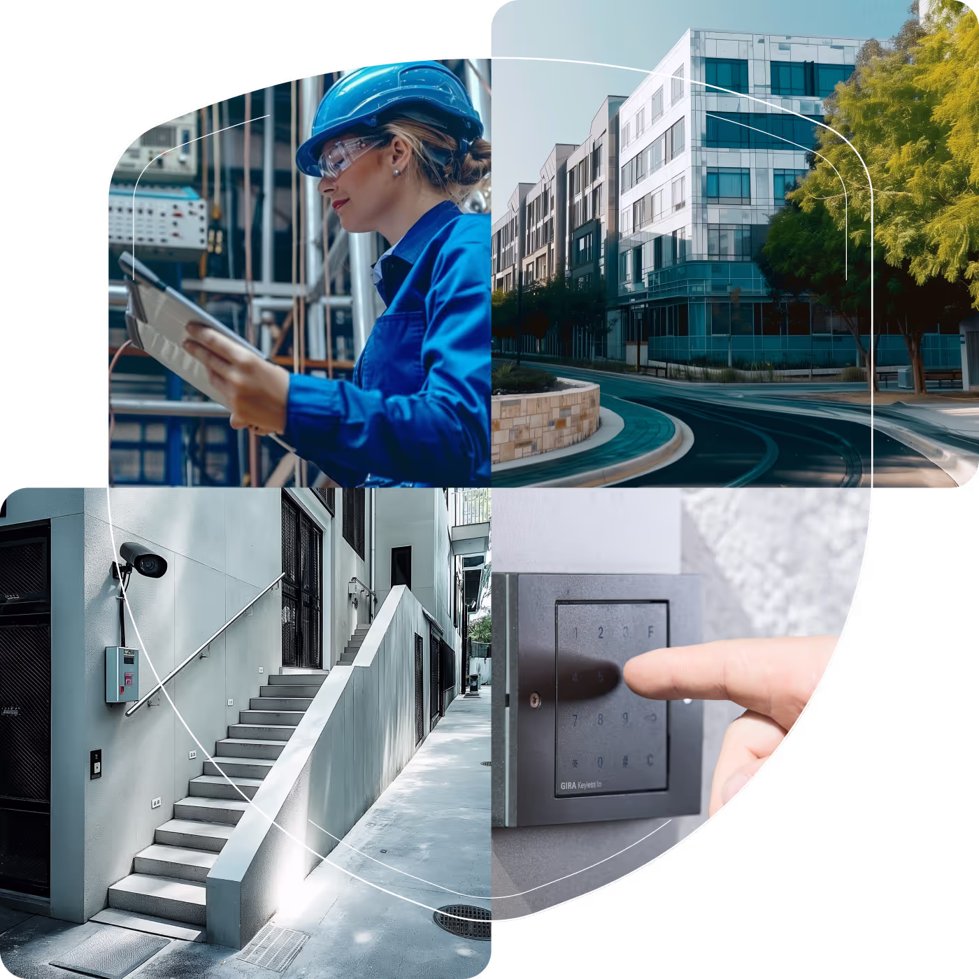 Abbildung von Gebäudeautomation mit Mitarbeiterin, Gebäudekomplexen, Hauseingängen und Code-Touchpanel